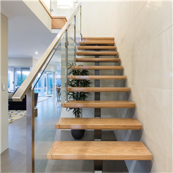 L shape double stringer wood treads straight stairs with c beam stringer and wire railing staircase PR-T09 