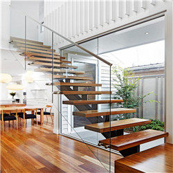 Straight stairs central spine stair middle stringer staircase with wood tread and frameless glass railing