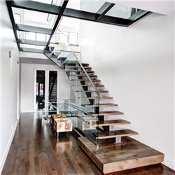 Glass Railing Wood Step Stair Wrought Iron Straight Staircase For Villa