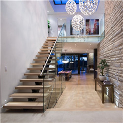 Customized stairs modern glass railing wood straight staircase 