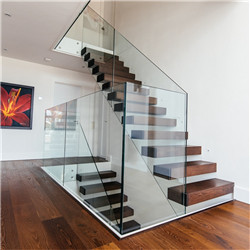 Modern design Interior straight wooden floating stair tread steps and tempered glass panel railing handrail staircase system