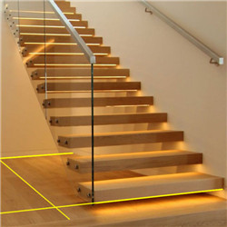 Enter wall type stair with led light glass wood step floating staircase