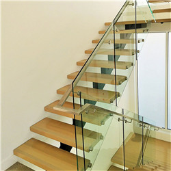 Customized build straight stairs wood tread glass railing steel handrail