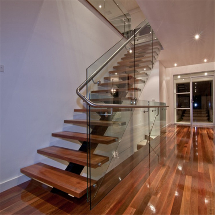 Security double stringer glass railing wooden staircase