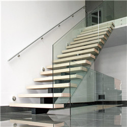 Reasonable price mono stringer wood staircase with beautiful glass railing