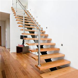 Straight staircase rubber wood treads and glass railing high quality