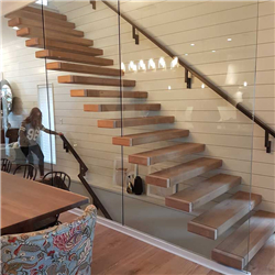 Luxury staircase wooden steps and glass railing straight stair