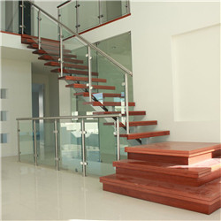 Carbon Steel Beam Straight Staircase with Wood Steps and Glass Railing