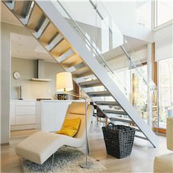 Indoor Straight Staircase with Wood Tread and Glass Railing