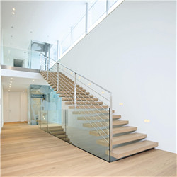 Indoor Glass Floating Staircase Design with Thailand Rubber Wood Glass Step