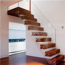 Indoor Frameless Glass Railing Wood Treads Floating Staircase