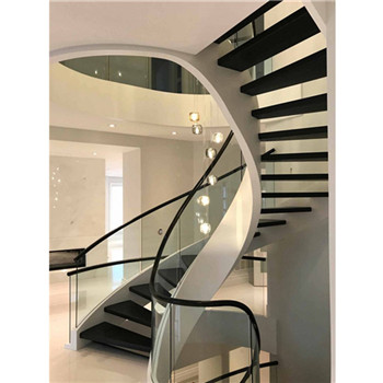 Interior Wooden Tread Glass Railing Steel Curved Staircase