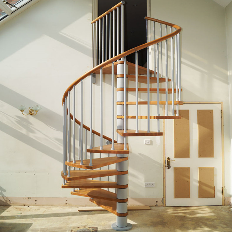 House Stair Stainless Steel Rod Railing Design Spiral Stairs With Oak Wood Treads