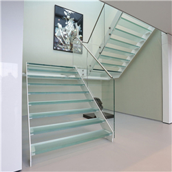 Floating straight staircase with carbon steel stringer and glass steps glass railing PR-T92