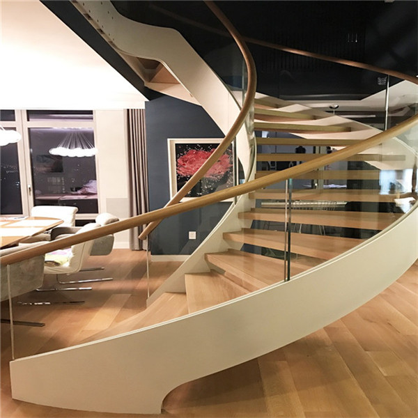 High Quality Prefabricated Wooden Curved Staircase with Glass Railing Design
