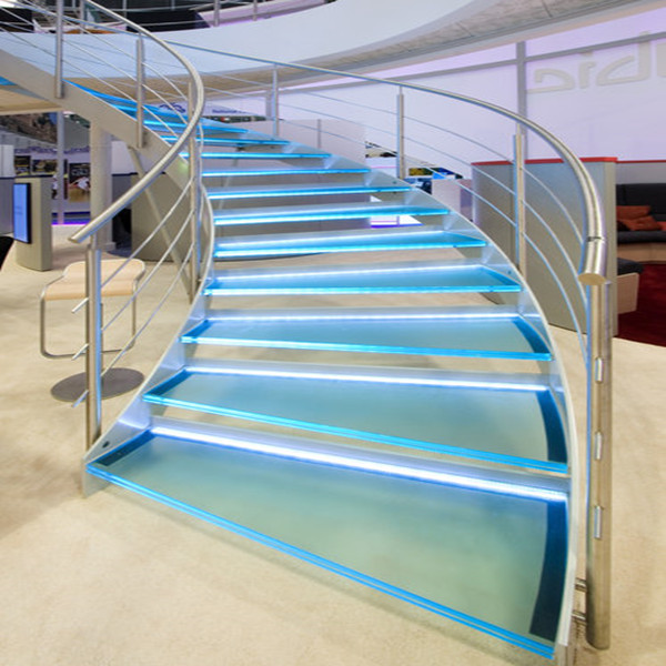 Stainless Steel 304 Railing Systems Design For LED Glass Steps Curved Staircase 