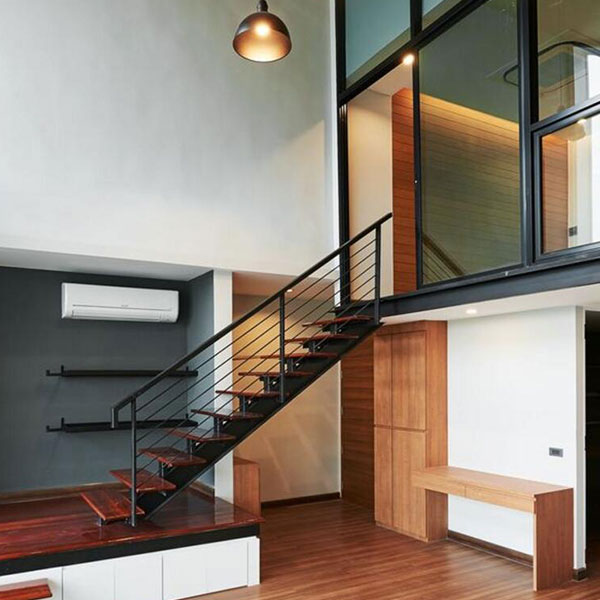 Customized modern rod railing  indoor wood ​straight staircase design PR-L71