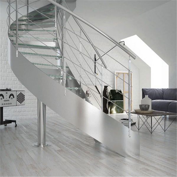 Apartment Stainless Steel Balustrade Laminated Glass Steps Curved Staircase 