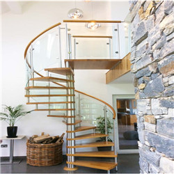 Indoor Oak Wood Tread Spiral Stairs With Post Glass Railings