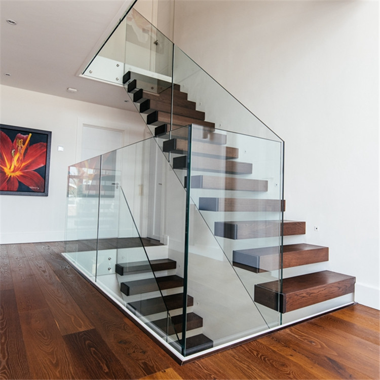 Invisible beam support floating staircase Australia house hot sale staircase single stringer tempered glass tread 