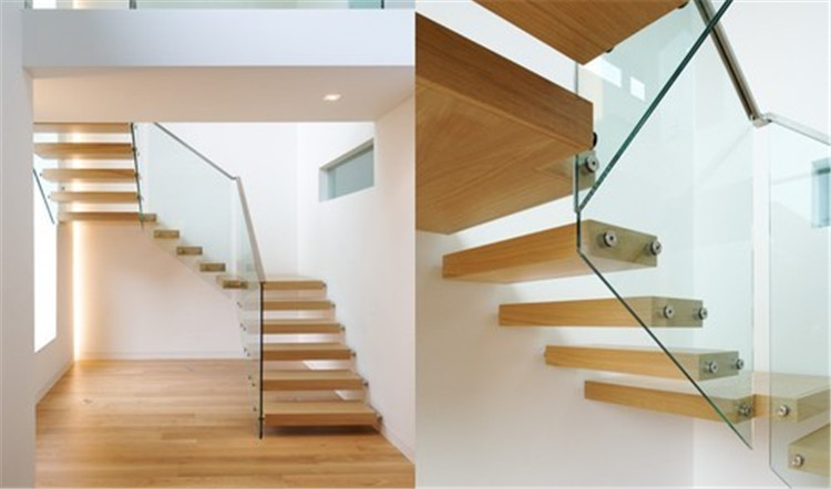 Clear tempered glass floating staircase with wood tread invisible stringer straight stairs