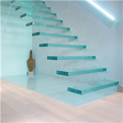 Tempered glass floating staircase with wood tread invisible stringer straight stairs