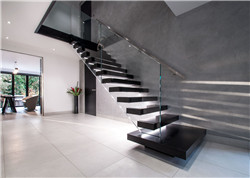 Straight mild steel glass modern floating staircase  prefab steel glass stair indoor lowes stair treads led lighting
