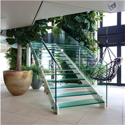 Straight Mild Steel Glass Modern Floating Staircase Prefab Steel Glass Stair Indoor PR-T38
