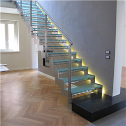 Decorative glass tread straight staircase indoor metal glass staircase PR-T52
