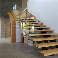 Central beam straight staircase glass railing wood stair