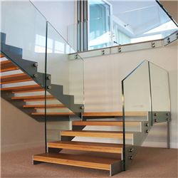Solid wooden stairs steps u shaped metal steel staircase with tempered glass PR-T012