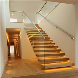 Solid wood straight staircase design with steel double beam and straight glass railings  