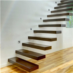 Mounting steel stringer glass railing floating wood tread interior staircase