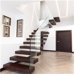 Clear tempered glass floating staircase with wood tread invisible stringer straight stairs