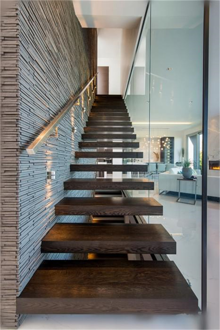 Modern floating straight staircase kit with wood tread