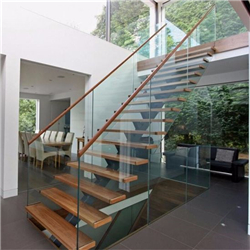 Wooden Tread Customized Frameless Tempered Glass Railing Straight Staircase