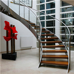Laminated Glass Steps Stainless Steel Stringer Spiral Stairs Curved Staircase with Glass Railing PR-RCW26