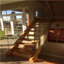 Residential Villa Mono Beam Frameless Glass Railing Acacia Wood Stair