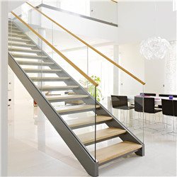 Carbon Steel Zig Zag Straight Wood Staircase with Glass Railings