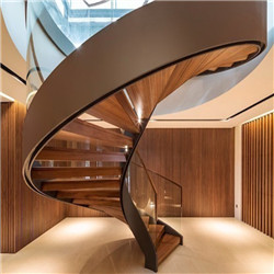 Prefabricated Wood Step Glass Rails Curved Staircase with Stainless Steel Stringer PR-RC84