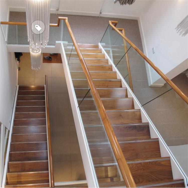 Central beam White oak wood stair glass railing  straight staircase 