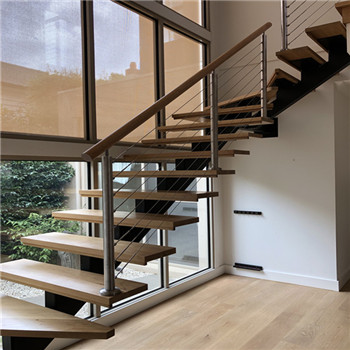 Cable Railing Mono Stringer Carbon Steel Wood Tread Stairs