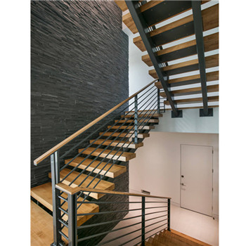 Indoor Stairs Single Beam Straight Wood Stairs With Cable Wire Railing