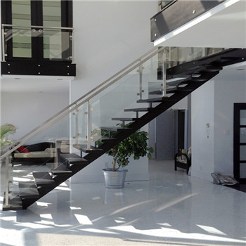 Black Stringer Indoor Stairs Straight Wood Treads Staircase With Baluster Glass Railing