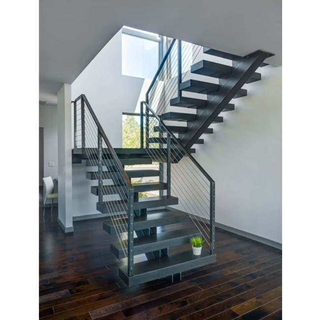 Indoor Luxury Contemporary Steel Stairs Iron Steel Railing Mono Stringer Staircase Design