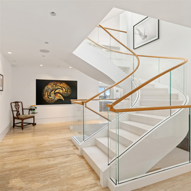 Interior Marble Quartz Granite Treads Curved Stairs With Saftey Glass Railings