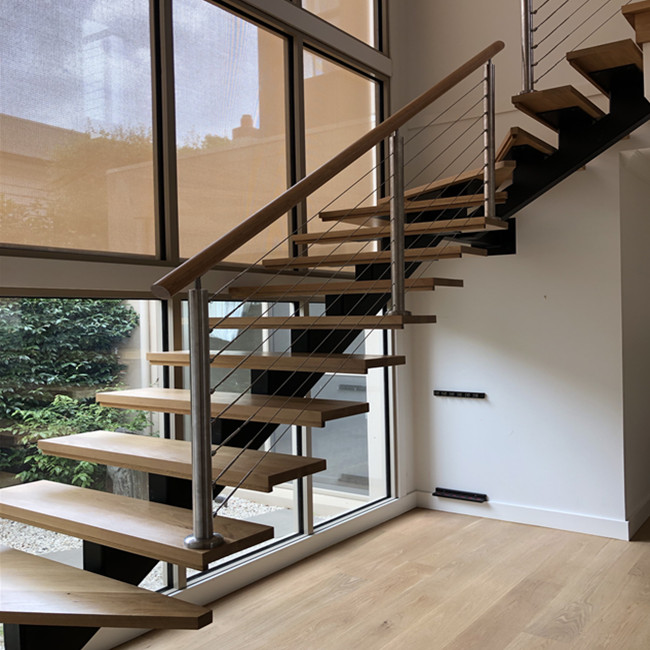 Stairs Ideas Black L Shaped Staircase With Cable Railing Wood Treads